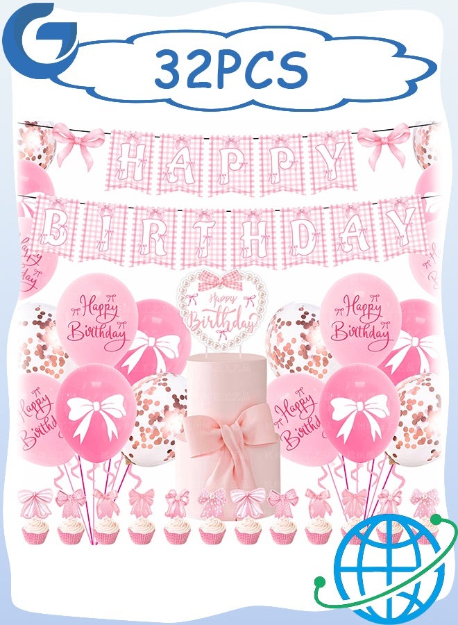 32 Pcs Pink Bow Themed Happy Birthday Party Decorations set, Happy Birthday Banner Hanging Swirls Balloons Cake Toppers Supplies Decor - Image 1